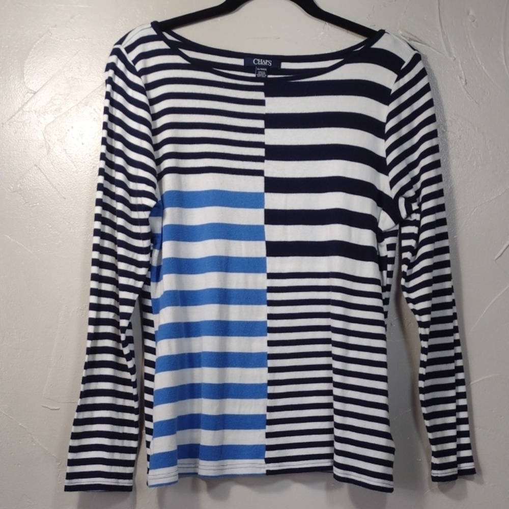 Chaps Navy, Blue & White Striped Boat Neck Long Sleeve Tee Women's XL